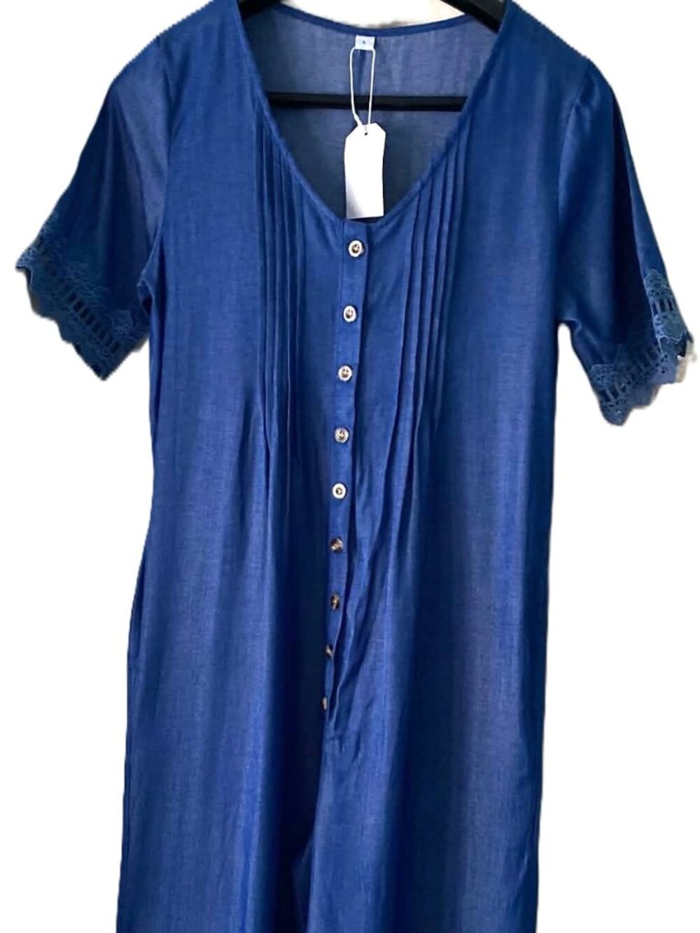 Made With Love Chambray Blue Wide Leg Jumpsuit L Lace Pleated Boho Cottagecore